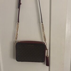Michael Kors Brown & Burgundy MK Signature Crossbody with Tassel